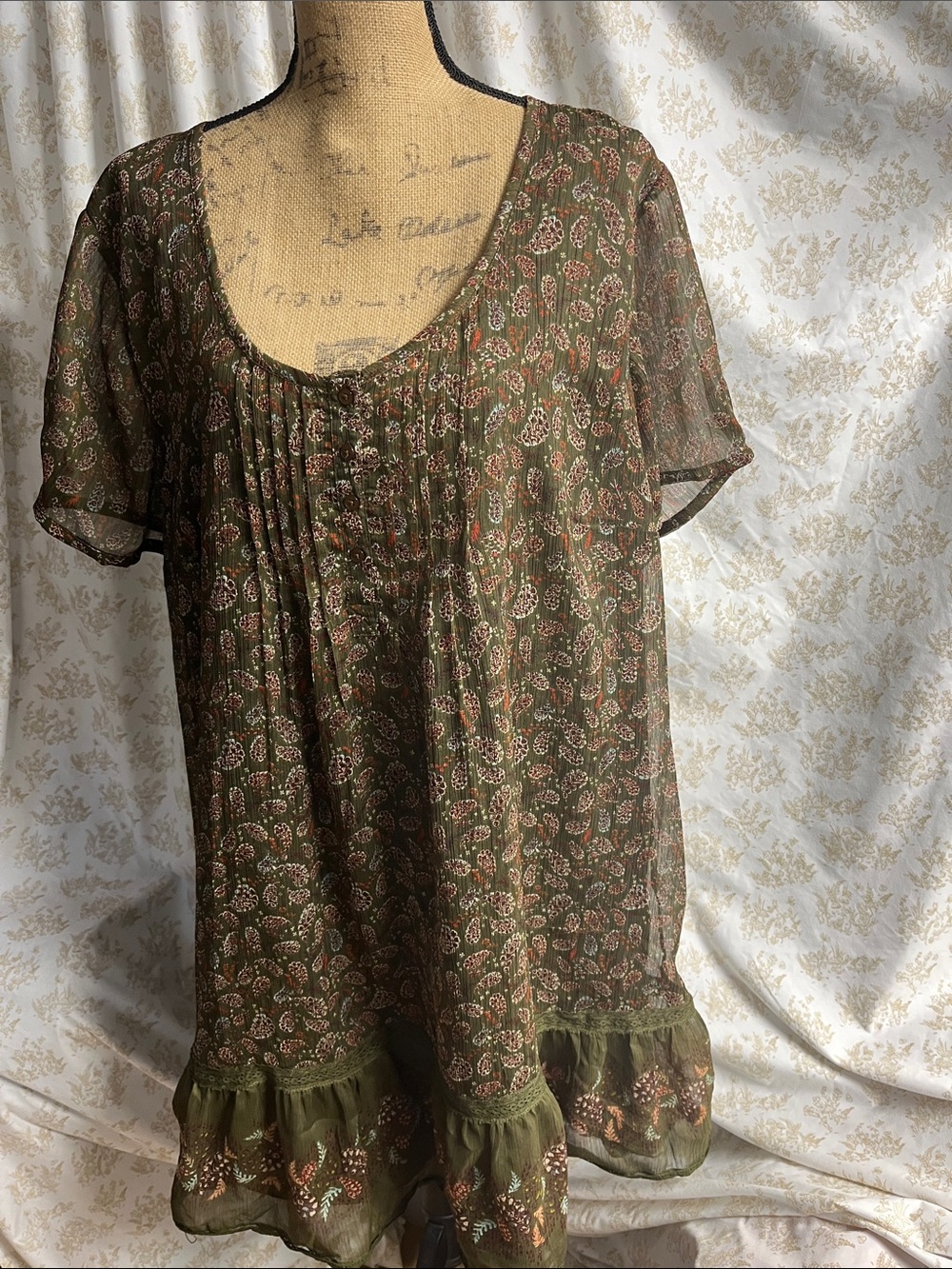 Olive Green Floral Ruffle Peasant dress knee length